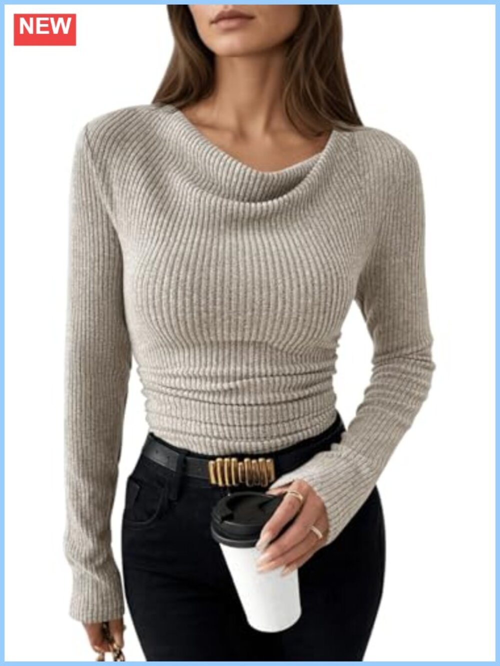 Women Cowl Neck Ruched Long Sleeve Top Slim Fit Stretchy Blouse